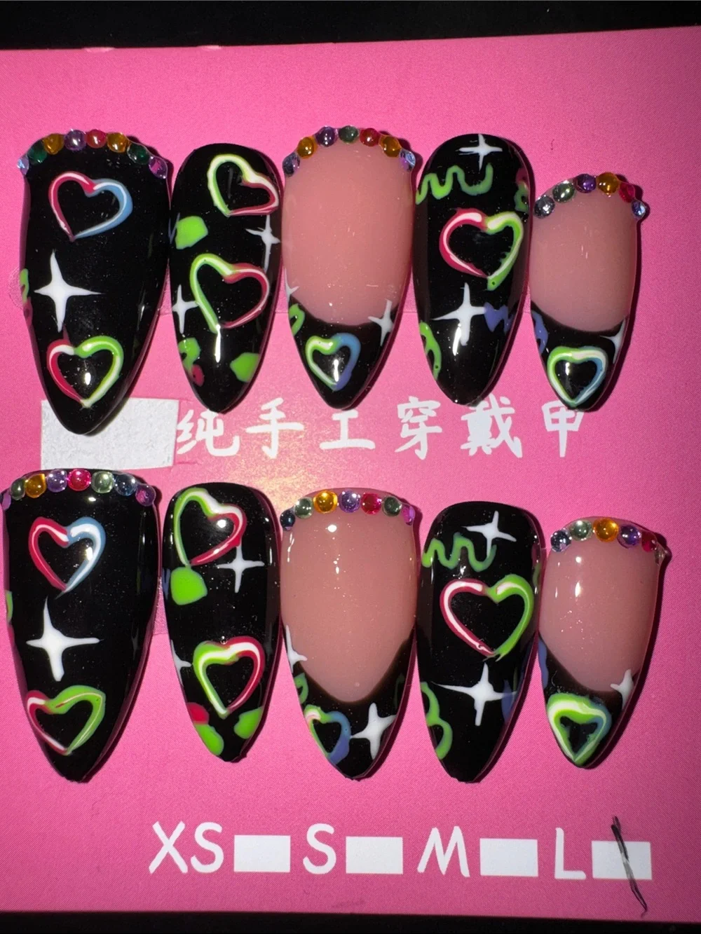 Black Heart Accent Press-On Nail Set with Rhinestones
